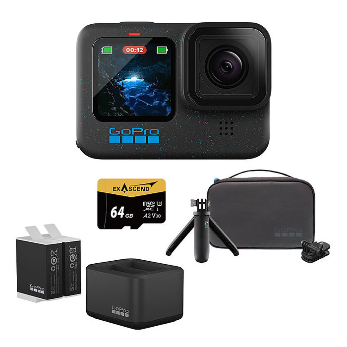 GoPro HERO 12 Black 旅遊必備套組 (HERO12單機+旅行套件組+Enduro雙座充+雙電池+64G記憶卡) 公司貨