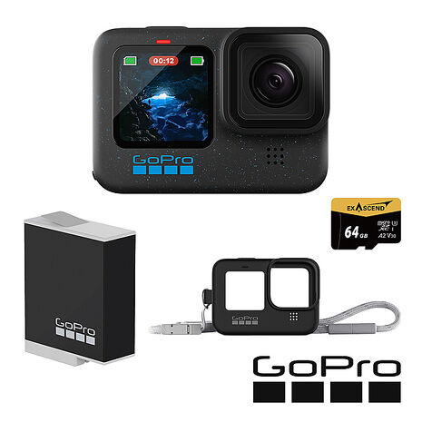 GoPro HERO 12 Black 新手必備套組 (HERO12單機+矽膠套+繫繩+Enduro原廠充電電池+64G記憶卡) 公司貨