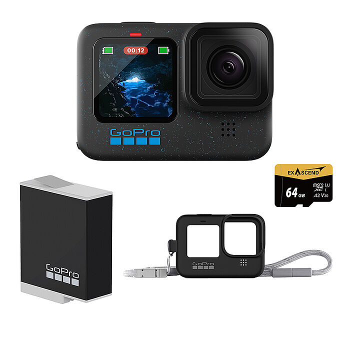 GoPro HERO 12 Black 新手必備套組 (HERO12單機+矽膠套+繫繩+Enduro原廠充電電池+64G記憶卡) 公司貨