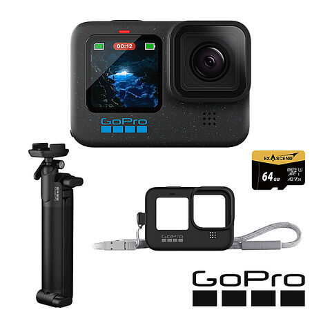 GoPro HERO 12 Black 新手旅拍套組 (HERO12單機+矽膠套+繫繩+三向多功能自拍桿2.0+64G記憶卡) 公司貨