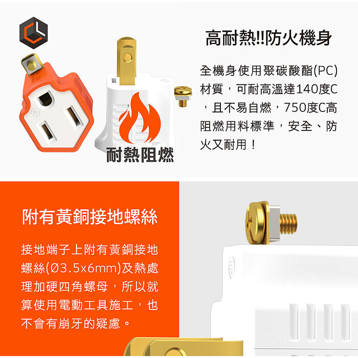 CHANGLU 台灣製造 3變2轉接插頭(橘）2入組