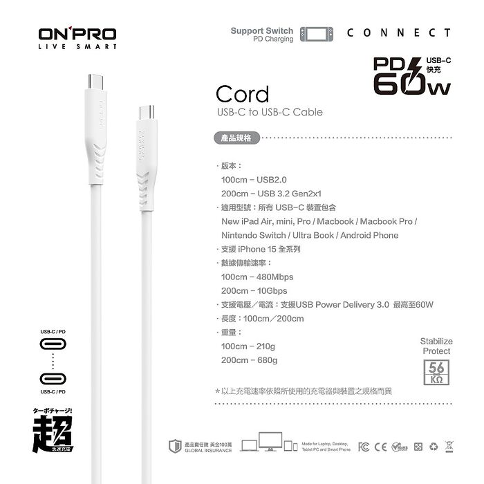 ONPRO Cord 2m C2C快充線