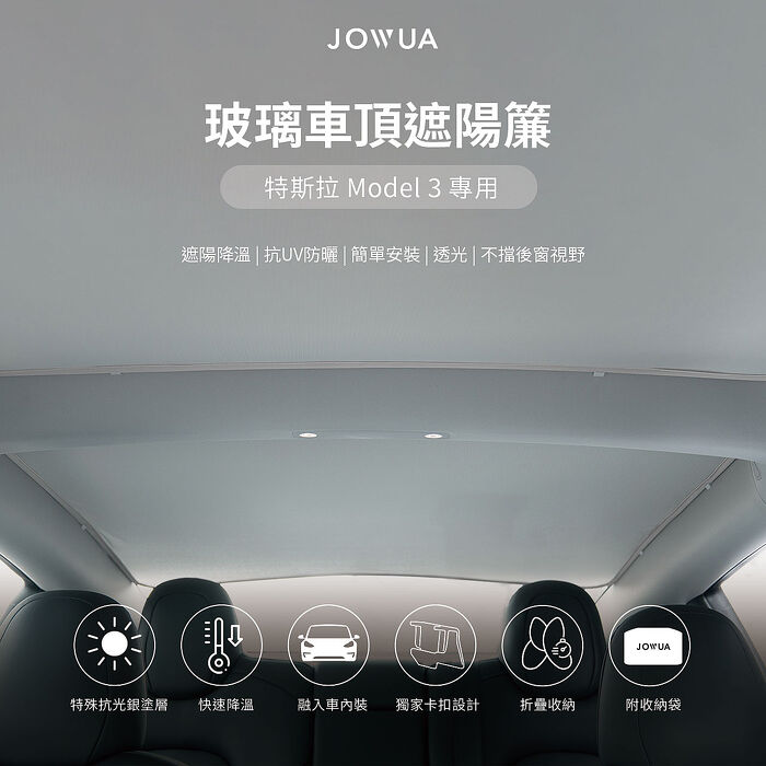 【JOWUA】特斯拉 TESLA Model 3 & 煥新版 玻璃車頂遮陽簾原車灰(特殊雙面布料 專利卡扣)