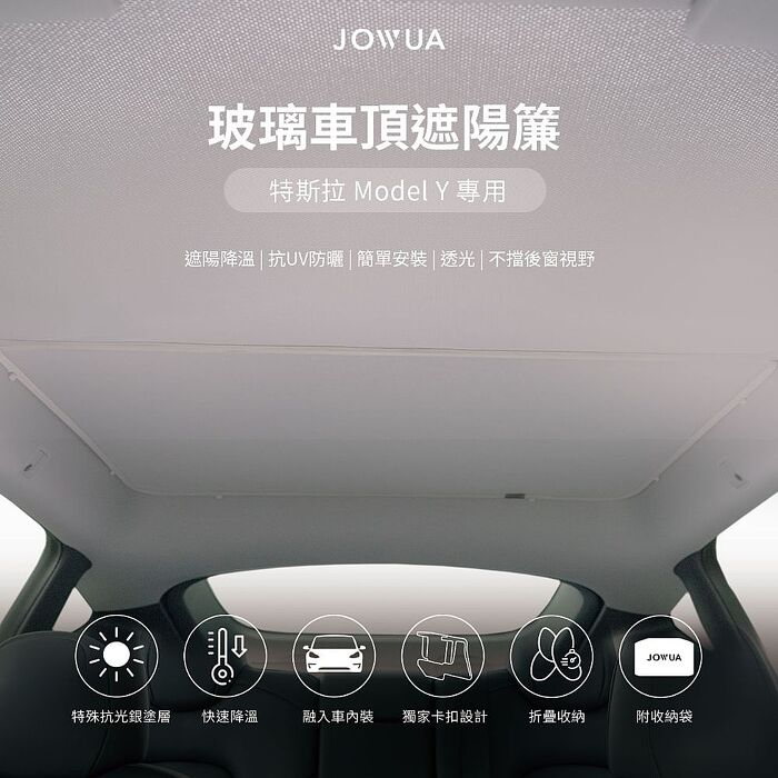 【JOWUA】特斯拉 TESLA Model Y 原車灰玻璃車頂遮陽簾(2023 Model Y 特殊雙面布料 專利卡扣)