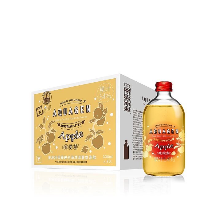 【AQUAGEN】海洋深層水/氣泡水-奧地利 香蘋玻光330ml*9入/箱_含玻尿酸.玻璃瓶.蘋果.補給.蔬果.大江