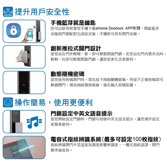 三星 SAMSUNG SHP-DP739銀色 電子鎖  指紋 密碼 卡片 手機APP 鑰匙五合一 台灣總代理公司貨