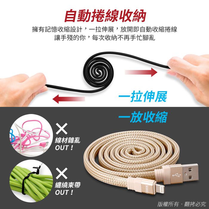 Apple 8Pin 自動收納尼龍編織2.1A快充扁線(1M)