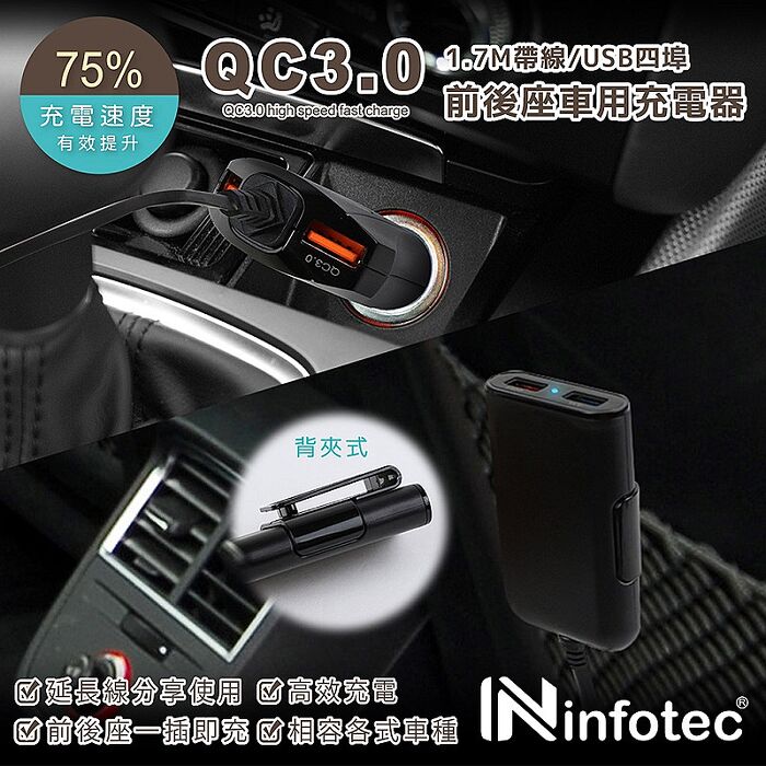 infotec QC3.0 帶線4埠USB前後座車充(1.7M)