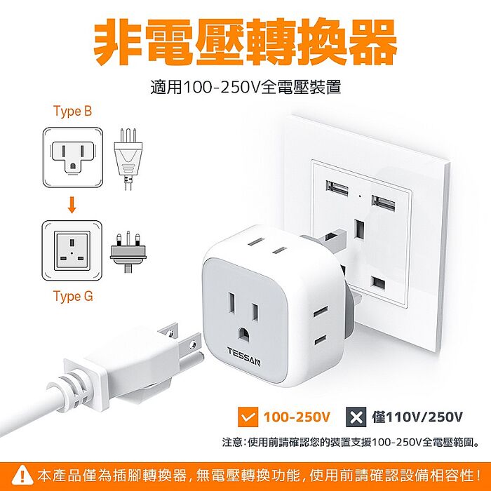 TESSAN 英規旅行轉接頭(3P插座x1+2P插座x3)