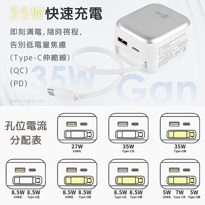 aibo QC+PD+自帶Type-C伸縮線 Gan氮化鎵35W快充充電器
