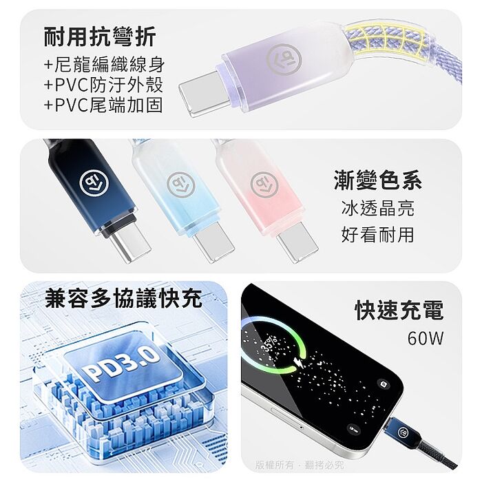 aibo Type-C to Type-C 60W快充傳輸線(2M)