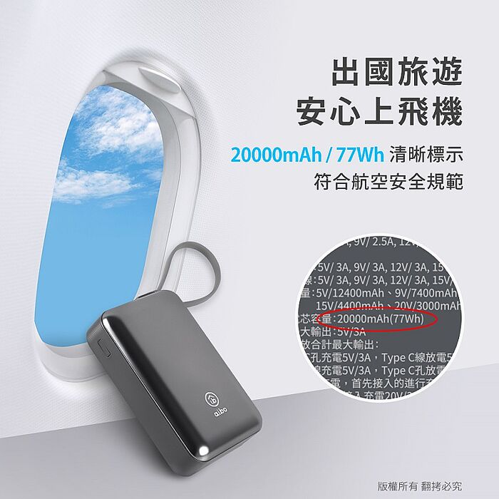 aibo 20000mAh 65W自帶線大容量雙向快充行動電源(筆電充電)-高級灰