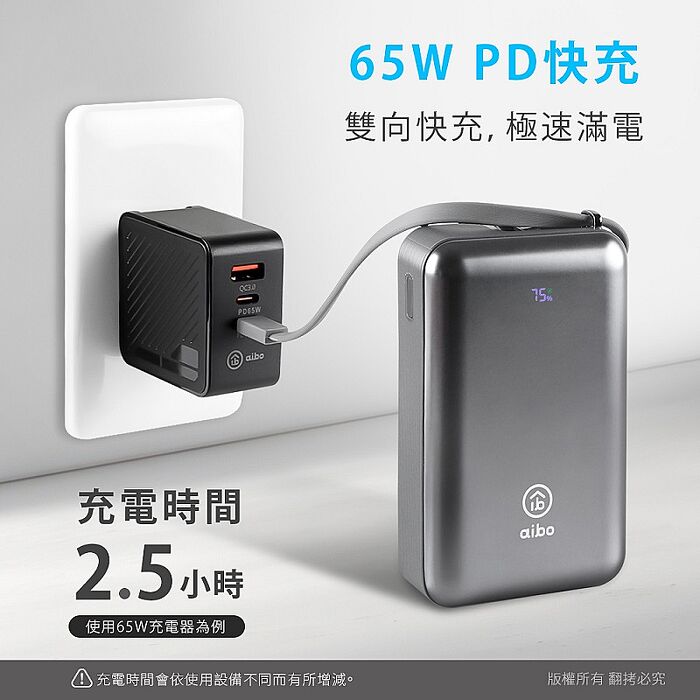 aibo 20000mAh 65W自帶線大容量雙向快充行動電源(筆電充電)-高級灰