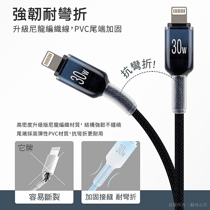 aibo Type-C to Lightning 30W快充傳輸線(2M)