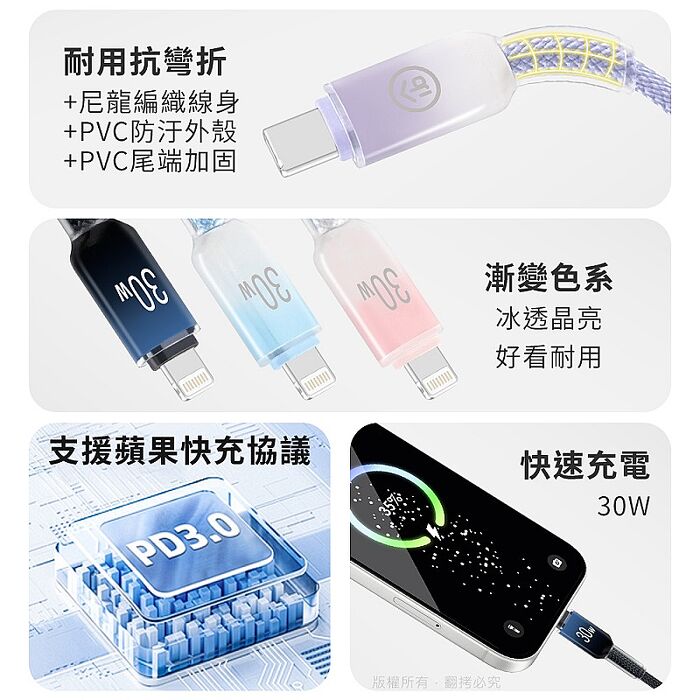 aibo Type-C to Lightning 30W快充傳輸線(2M)