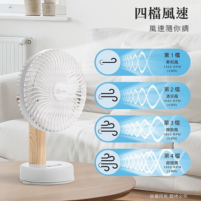 aibo 桌/夾/掛三用 LED夜燈 無線自動旋轉充電風扇