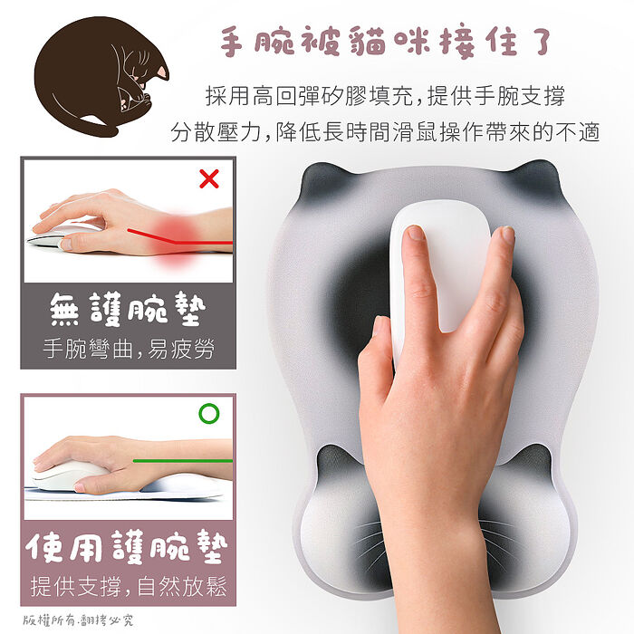 aibo 貓咪造型 人體工學貼合設計 舒壓護腕滑鼠墊