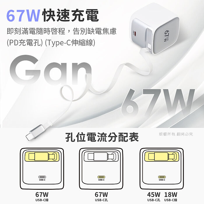 aibo GaN氮化鎵67W 自帶Type-C伸縮線 快充充電器