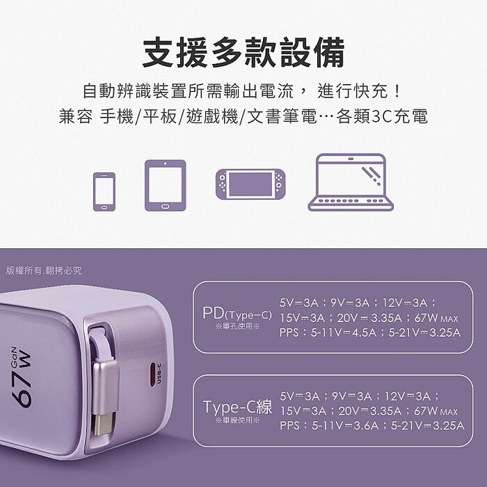 aibo GaN氮化鎵67W 自帶Type-C伸縮線 快充充電器
