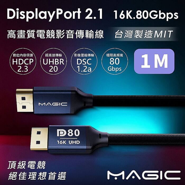 MAGIC DisplayPort DP2.1 16K 80G 高畫質電競影音傳輸線-1M