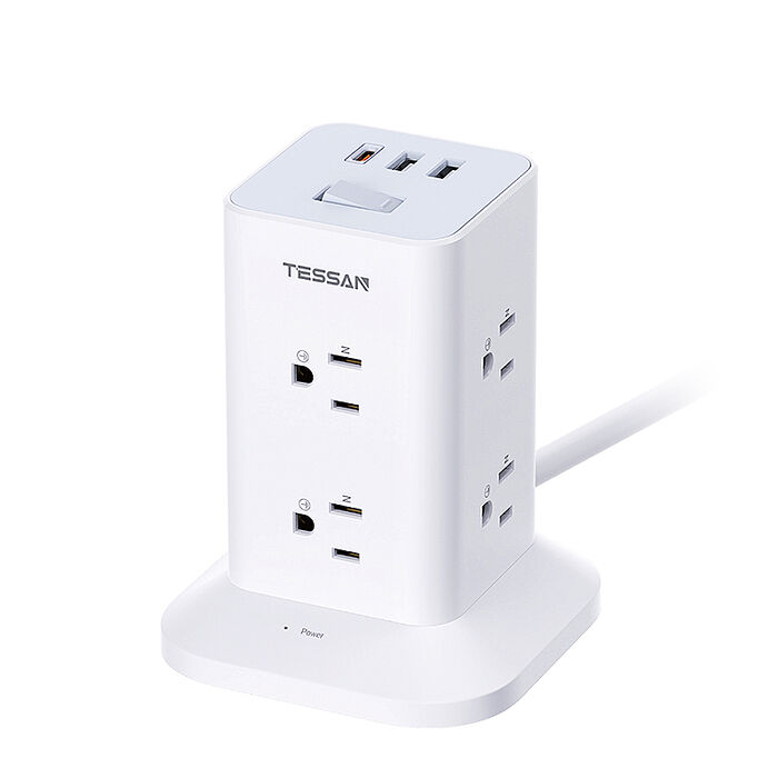 TESSAN 1開8插3P USB+PD20W立式桌上型延長線-1.8米