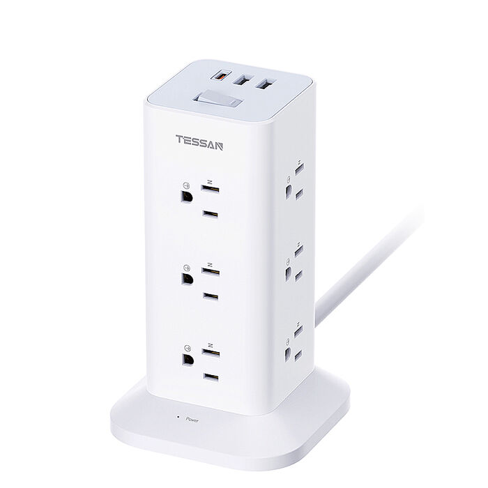 TESSAN 1開12插3P USB+PD20W立式桌上型延長線-1.8米