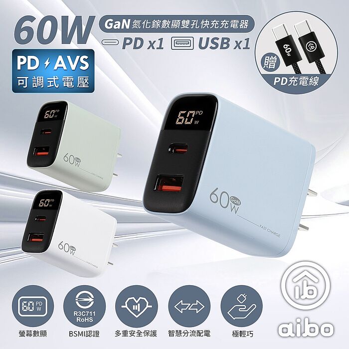 aibo GaN氮化鎵 60W數顯雙孔快充充電器(內附贈Type-C充電線)