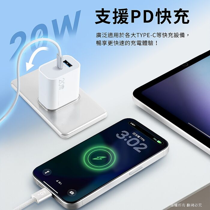 aibo GaN氮化鎵 20W雙孔快充充電器(內附贈Type-C充電線)