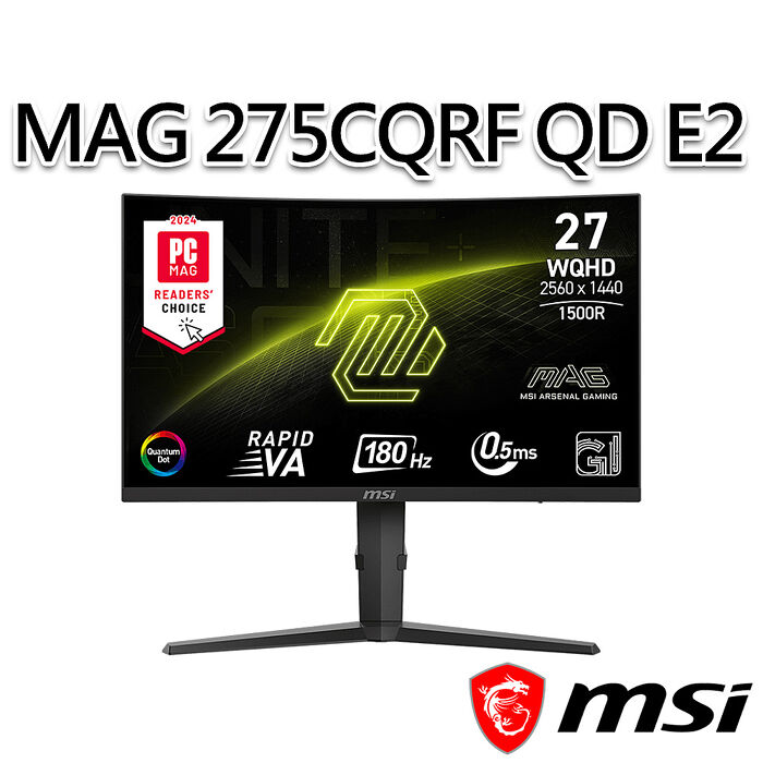 msi微星 MAG 275CQRF QD E2 27吋 曲面電競螢幕(27"/2560x1440/16:9/180Hz/曲面)