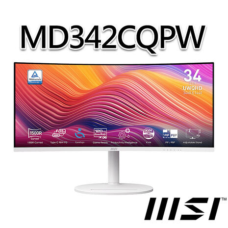 msi微星 Modern MD342CQPW 34吋 白色 曲面螢幕(34"/3440x1440/21:9/120Hz/曲面/有喇叭/白色)
