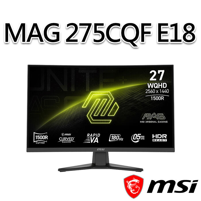 msi微星 MAG 275CQF E18 27吋 曲面電競螢幕(27"/2560x1440/16:9/180Hz/VA/曲面)