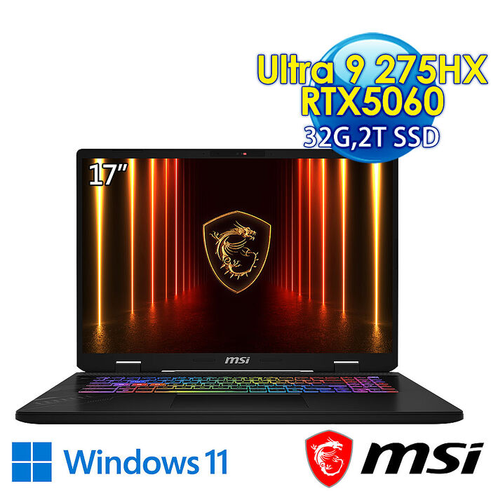 msi微星 Crosshair 17 HX AI D2XWFKG-038TW 17吋 電競筆電(Ultra 9 275HX/32G/2T SSD/RTX5060-8G/Win11)