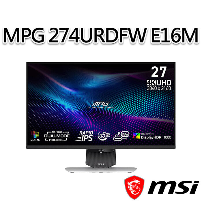 msi微星 MPG 274URDFW E16M 27吋 白色 平面電競螢幕(27"/3840x2160/16:9/160Hz/IPS/白色)