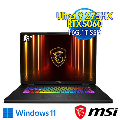 msi微星 Crosshair 18 HX AI A2XWFKG-058TW 18吋 電競筆電(Ultra 9 275HX/16G/1T SSD/RTX5060-8G/Win11)