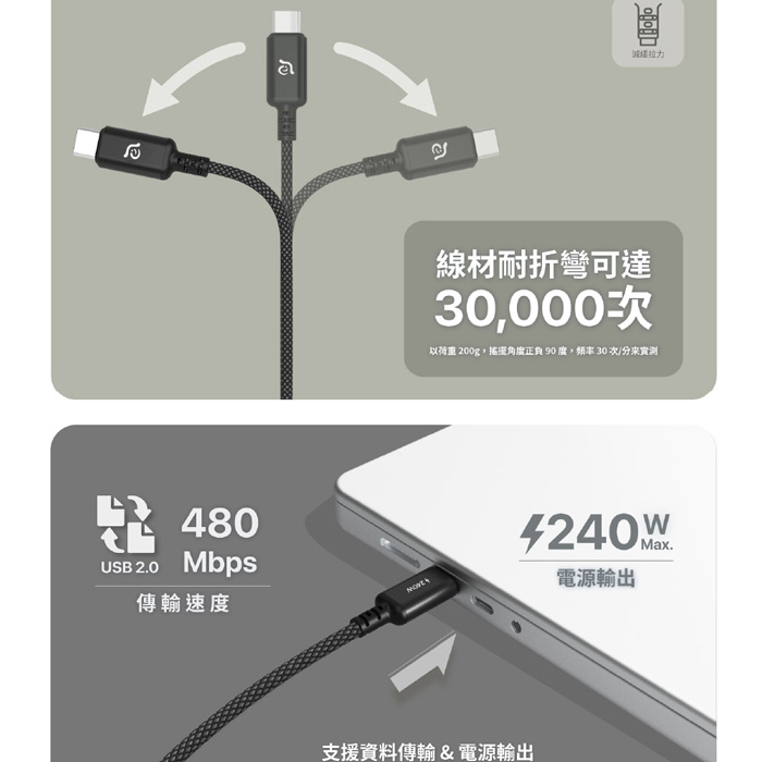 【亞果元素】CASA P200 快充240W USB-C對USB-C 編織充電傳輸線 200cm (附束線帶)