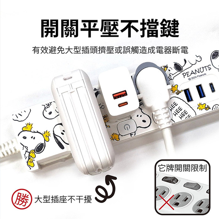 史努比 PD快充 37W 平貼按壓式 4開3插+USB延長線 1.8M/6尺