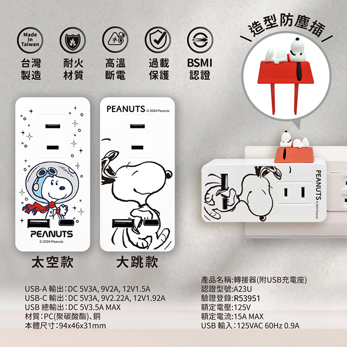 SNOOPY史努比 智慧快充壁插 (附紅屋造型防塵塞)