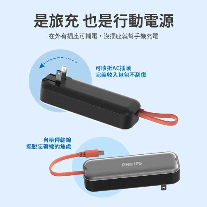 【Philips飛利浦】22.5W AC自帶Type-C線行動電源 DLP5201C