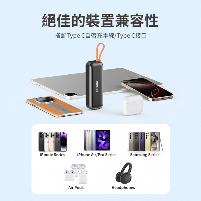 【Philips飛利浦】22.5W AC自帶Type-C線行動電源 DLP5201C