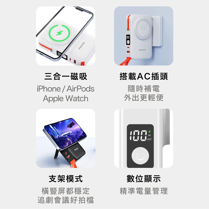 Philips飛利浦 22.5W 伸縮線多合一行動電源 10000mAh (DLP4352C)