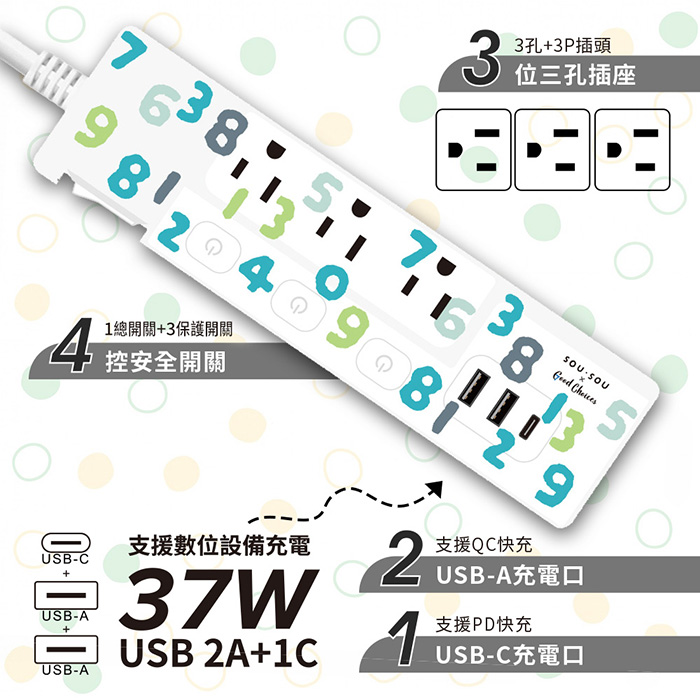 SOU‧SOU PD 37W 平貼按壓式 4開3插+USB 延長線 1.8M/6尺