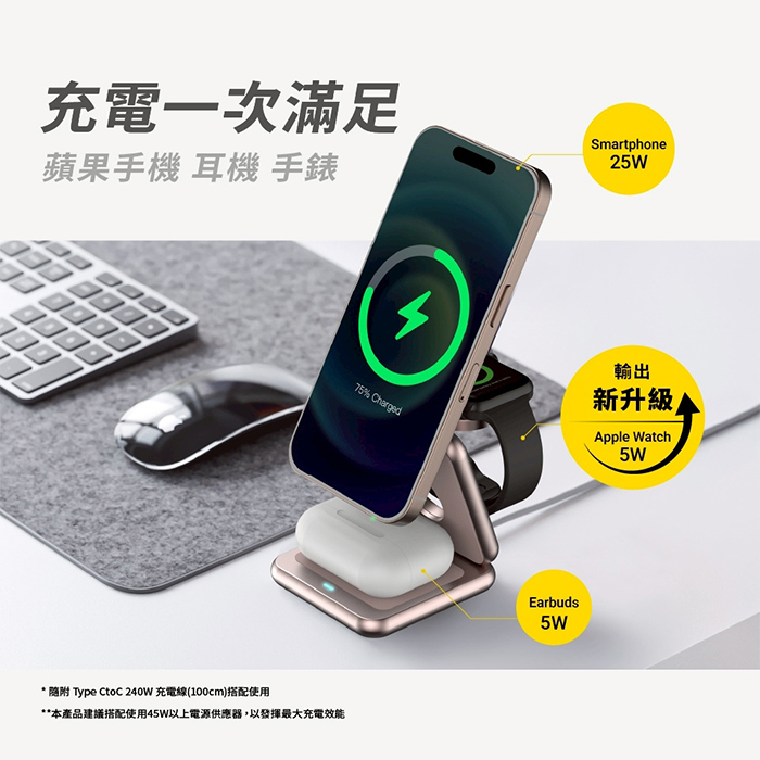 aircolor  qi2.2 25W 便攜三合一摺疊磁吸無線充電座