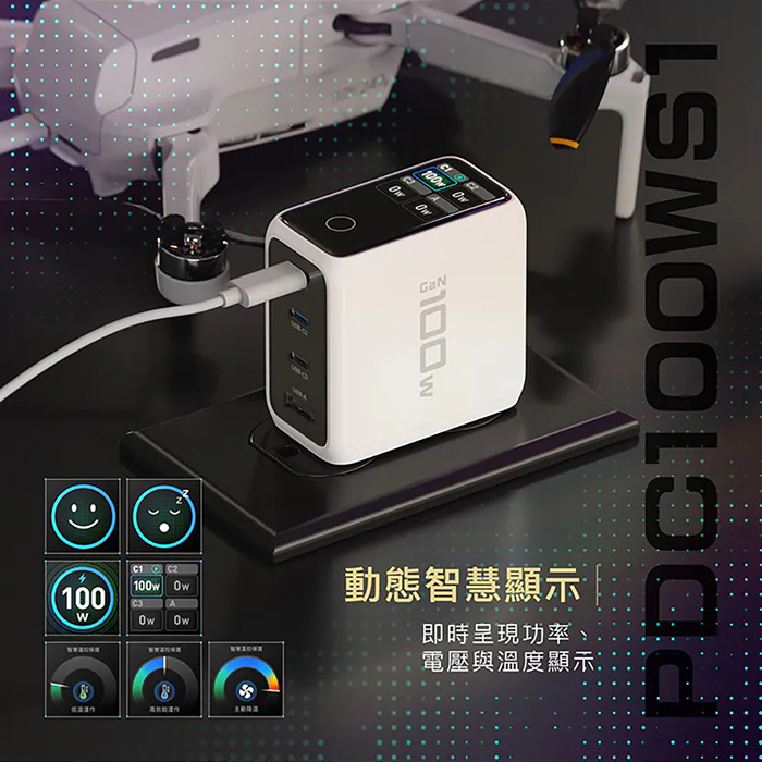 PQI  100W 彩色動態智慧數顯 GaN 四孔快速充電器