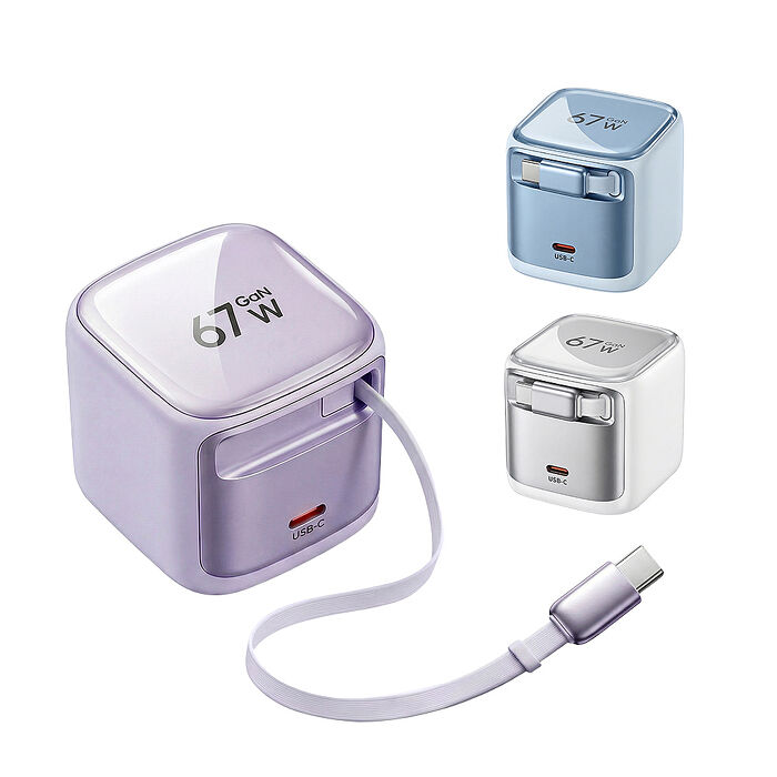 Timo 玻璃糖 67W GaN自帶伸縮線快充頭 Type-C
