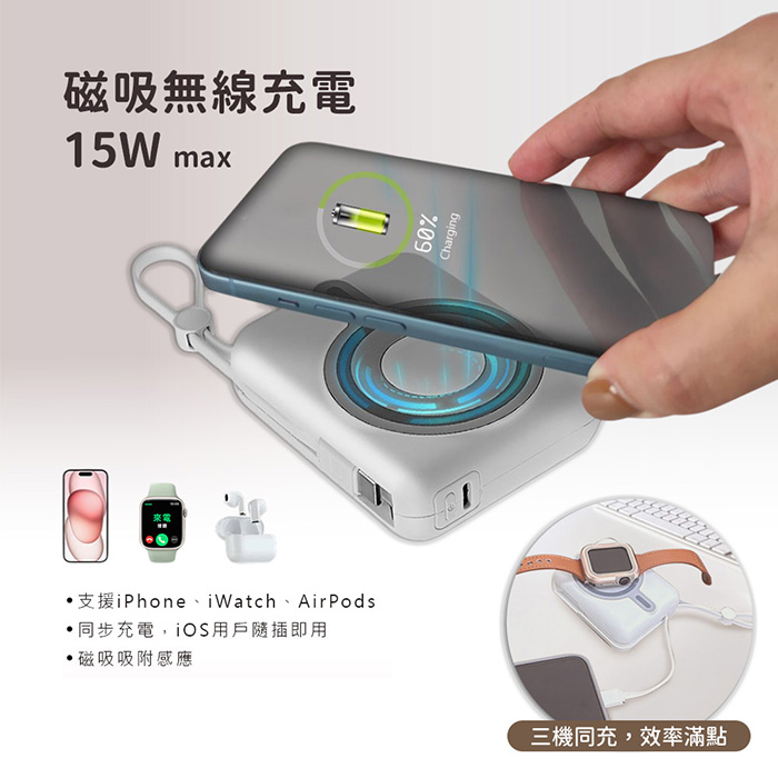 MCK x 好想兔 三合一自帶線磁吸行動電源 10000mAh