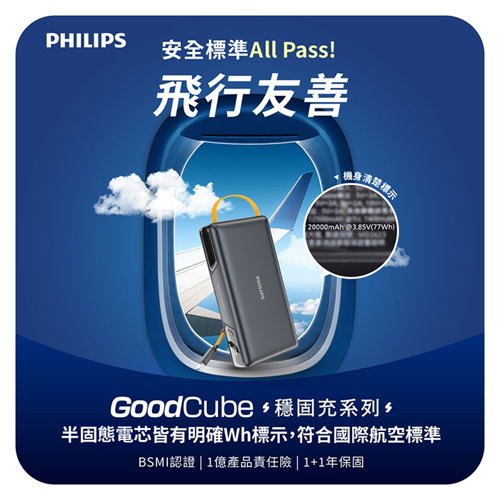 Philips飛利浦 GoodCube Max 22.5W伸縮線半固態行動電源 20000mAh (DLP2725S)