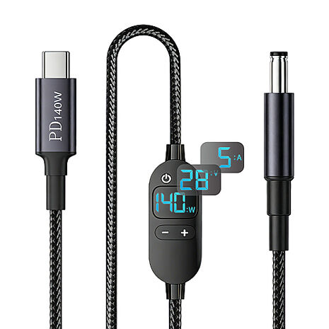 Kamera Type-C公轉DC公-5.5*2.5 PD140W 可調電壓 數顯誘騙線 (1.5M)