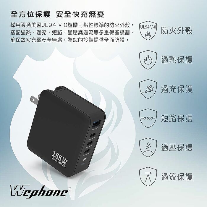 Wephone Speedy 165W GaN 氮化鎵4孔快充充電器（附贈出國轉接頭+充電線+收納袋）