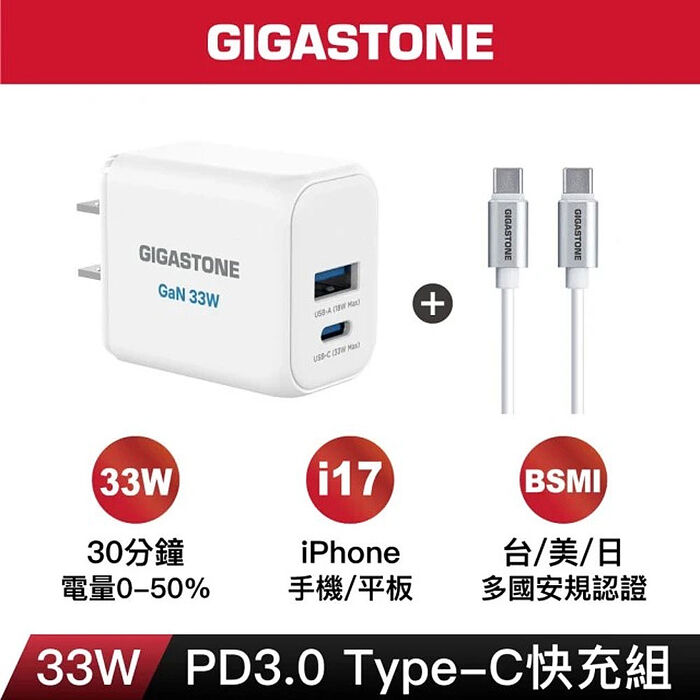 Gigastone 33W GaN氮化鎵兩孔充電器+C to C 60W充電傳輸線