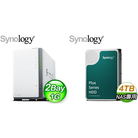 ☆促銷組合★ Synology DiskStation DS223j 2Bay NAS網路儲存伺服器+Synology HAT3300 PLUS 4TB 3.5吋 5400轉 256MB NAS硬碟(X2)